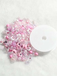 2 piezas/set de cuentas acrílicas rosas mezcladas de 6-10mm y 1 rollo de cordón elástico para hacer pulseras y collares (200 piezas)