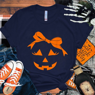 Coquette Bow Pumpkin Face Wanita T-shirt Lucu Halloween T-shirt Wanita Lelaki Tshirt Wanita T-shirt