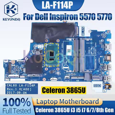 LA-F114P For Dell Inspiron 5570 5770 Notebook Mainboard Celeron 3865U i3 i5 i7 CPU 0NM2C6 0F7MGJ 04P