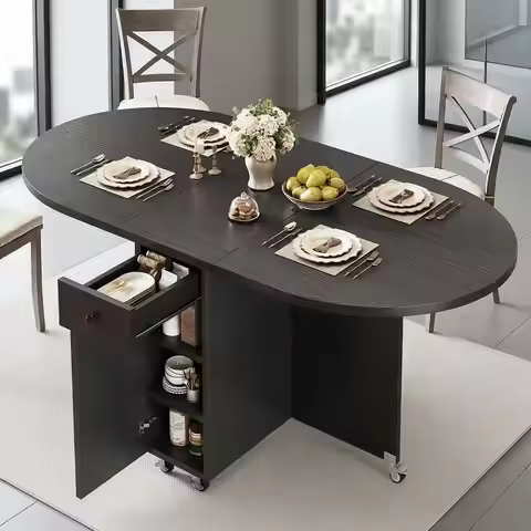 Space-Saving Foldable Dining Table for 4 with Storage Drawer and Shelf, Drop Leaf Design for Small K