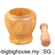 【Biho】Wooden Mortar and Pestle Set Wooden Herbs Garlic Spice Tool Pepper Mixing Grinder Kitchen Crusher Bowl