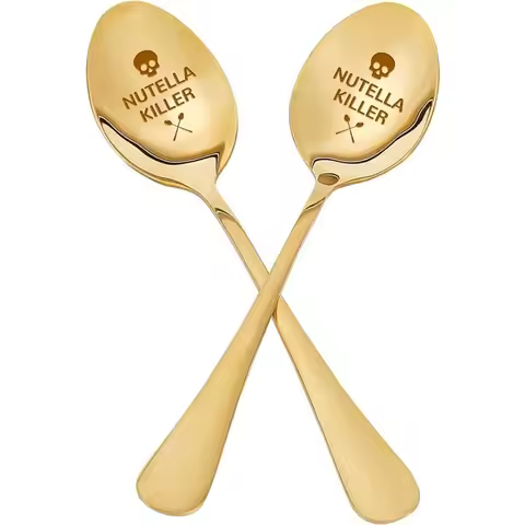 2Pcs Nutella Killer Spoon with Gift Box Golden Engraved Stainless Steel Table Spoons for Friends Fam