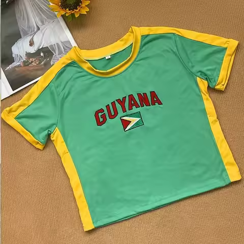 Guyana Flag T-shirt with Green Body, Yellow Contrasting Border, Guyana Letters, Guyana Flag, Patriot