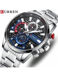 Curren男士運動手錶,多功能計時不銹鋼錶帶防水手錶