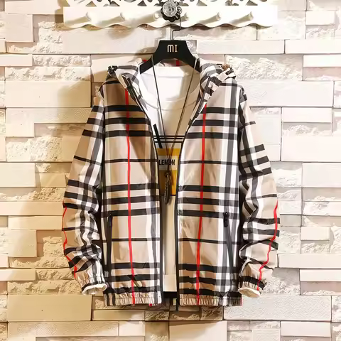 Trendy Korean Style Men's Plaid Jacket Spring Autumn New Arrival Slim Fit Hooded Versatile Casual Cl
