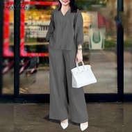 Esolo ZANZEA สไตล์เกาหลีของผู้หญิงสำนักงานชุดลำลองเสื้อแฟนเกาหลีชีฟองระบายปุ่มขึ้นเสื้อสตรีชุดกางเกง