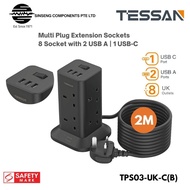 TESSAN TPS03 Black 8 Socket Plug Multi Plug Extension Socket 2 USB | 1 USB-C Port Safety Mark [Model