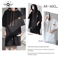 【4-8XL】Large Men's Hooded T-shirt and Shorts Set, Casual and Loose Fit