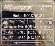 ปั้มน้ำไดโว่ ปั้มแช่ ดูดโคลน ใบพัดใบมีด กำลัง 2200วัตต์ ขนาดออก 3นิ้ว ยี่ห้อ MITSUMAX รุ่น MC32200 220v / 380v (ขดลวดทองแดง 100%)