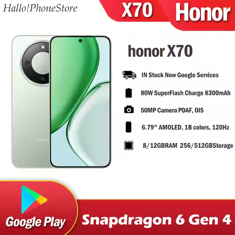Google Play Honor X70 Phone 5G Snapdragon 6 Gen4 50MP 6.79 AMOLED 120Hz Super Battery 8300mAh Fast 8