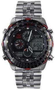 นาฬิกาข้อมือผู้ชาย Citizen Promaster Sky Navihawk World Time Chronographรุ่น NJ0004-51E หน้าปัดสีดำ ขนาดตัวเรือน 43 มม. ตัวเรือน สาย Stainless Steel สีเงิน