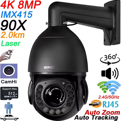 Laser Infrared Metal Auto Tracking 8mp 4K 90X Optical Zoom 360° Audio ONVIF 5G 2.4GHz WIFI PTZ IP Su