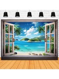 1入組自然風景藍色海洋海灘掛毯熱帶島嶼棕櫚樹海邊窗戶，適用於寢室美學客廳科技大學寢室家居裝飾