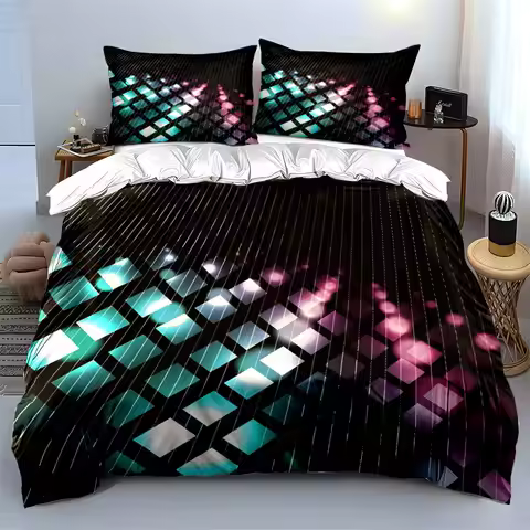 3Pcs Neon Diamond Lights Bedding Set, Abstract Glowing Grid Print Duvet Cover + 2 Pillowcases Single