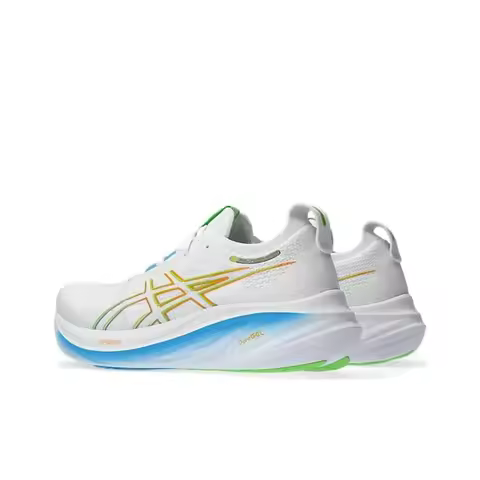 ASICS GEL-Nimbus 26, thick sole cushioning and durable, men's low-top running shoes in white and blu