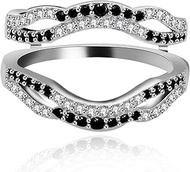 18K White Gold Plated Ring Enhancer Guard with Round Black Cubic Zirconia Rings Double Wedding Band 
