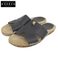 二手愛馬仕 Antigua 男士黑色真皮草編涼鞋，約 26.0 厘米