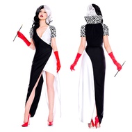 Cruella De Vil 101 Dalmatians Dress Cloak Halloween Costumes for Woman Adult Witch Cruella Cosplay A