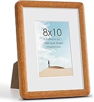 8x10 Picture Frame, Natural Teak Wood Photo Frame with Tempered Glass, Display 5x7 with Mat or 8x10 