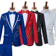 【Within 24 hours✈】Red Diamond Floral Men Suits for Wedding Mens Suits 3 Piece Blazer+Pant+Bow Tie Fashion Tuxedo Men Suit Set Stage Costume Homme