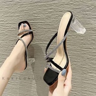 My Feet. Women's 7cm Glass Heels Party Sandals with Luxury Glossy Combination Strap Size 35-41