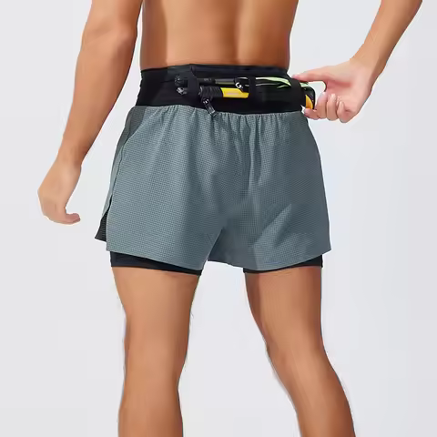 Mens Outdoor Running Shorts Double Layer Multi Pocket 2 in 1 Fitness Marathon