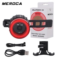 Meroca ไฟท้ายจักรยานชาร์จด้วย USB ไฟเบรคมัลติฟังก์ชั่นกระพริบพร้อมเซ็นเซอร์ไฟท้ายจักรยานเสือหมอบ MTB