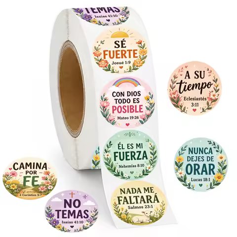 500 Pcs Spanish Christian Stickers Roll, 10 Designs Bible Verse Round Labels, Inspirational Faith Se