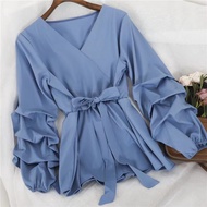 Women Blouse Plus Size blouse women shirt OL Style Lantern Sleeve Top blause wanita Tie Waist baju wanita lengan panjang baju blouse wanita Chiffon Shirt