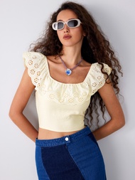Cider Floral Ruffle Hem Hollow Out Crop Top