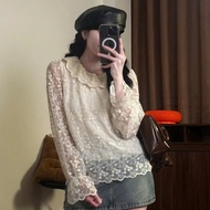 Embossed floral lace top with elegant ruffled neck design and feminine puff sleeves Emixclothes Aore
