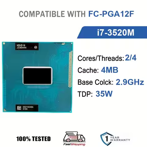Intel Core i7-3520M 2 Core 4 Thread 2.90GHz 35W 4MB Cache 22nm FC-PGA12F SR0MT DDR3-1600 / DDR3L-133