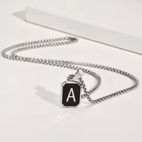 Stylish Initials Square Necklaces for Men Boys,A-Z 26 Letters Stainless Steel Pendant Collar Gifts,5