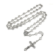san* Saint Benedict Vintage Silver Metal Crucifix Rosary Necklace Catholic Necklace