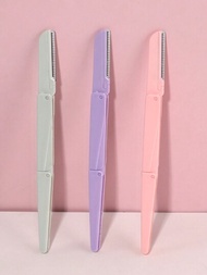 3入組便攜式可摺疊眉毛刮刀，附保護網，手動眉毛修剪刀，三層摺疊刮刀片，多色可選