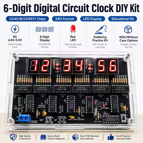 6 Digit 24H Digital Circuit Clock DIY Soldering Kit DC4.5V-5.5V Red LED Digital Tube CD4518 CD4511 C