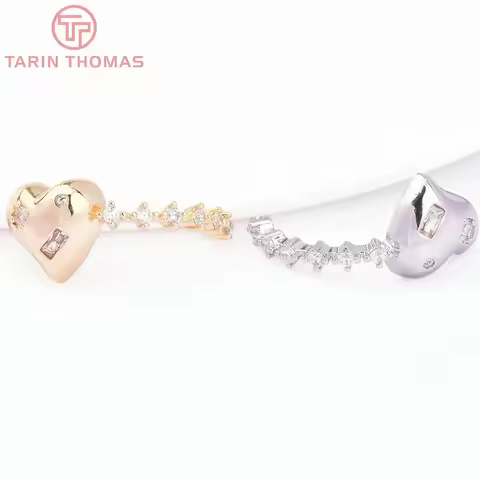 (7970) 4PCS 21.5x9.5MM 24K Gold Color Brass with Zircon Heart Shaped Rings Connector High Quality DI