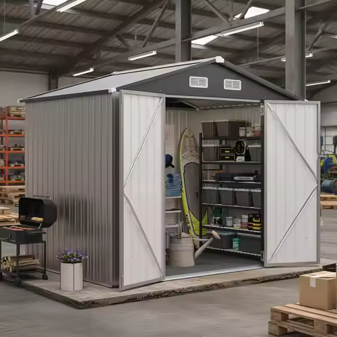 8x6FT Galvanized Steel Outdoor Storage Shed with Floor Double Doors Sloped Roof Ventilation Bike Gen