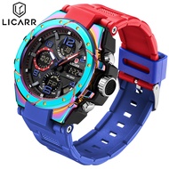 LICARR นาฬิกาทหารนาฬิกาสปอร์ตผู้ชายแบรนด์ชั้นนำ5Bar นาฬิกาข้อมือสองนาฬิกาปลุกแสดงผลหน้าจอโครโนกราฟดิ