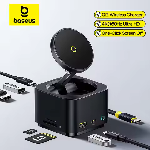 Baseus 7-in-1 USB C HUB HDMI 4K@60Hz with Qi2 Wireless Charger for iPhone USB 3.2 PD 100W Fast Charg