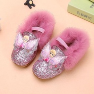 Elsa Fur Shoes Girls Korean Version Real Rabbit Fur Princess Shoes Frozen Children Cotton Shoes Litt