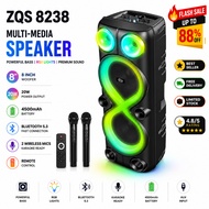 Ready Stock ZQS8238 Bluetooth Speaker 40W Dual 8" Super Bass Party Speaker RGB Light 2 Wireless Mic