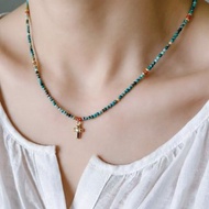 復古極細天然原礦綠松石包14K金十字架鑲鑽項鍊