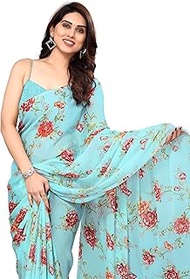 Women's Chiffon Ajrakh Border Pallu Pririnted Solid Saree with Blouse Piece
