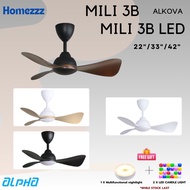 ALPHA Alkova - Mili 3B / Mili 3B Led 33 Inch DC Motor Ceiling Fan with 3 Blades (12 Speed Remote)