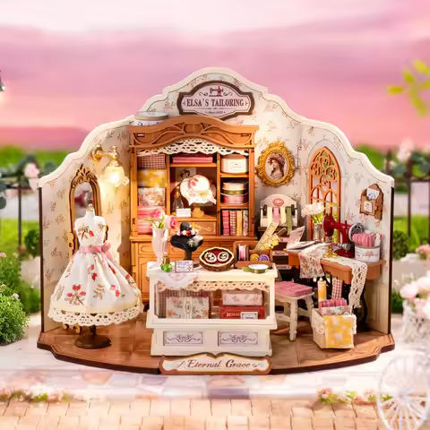 Robotime Rolife Elsa's Tailoring DIY Miniature House Kit Wooden Dollhouse with LED Lights Handmade C