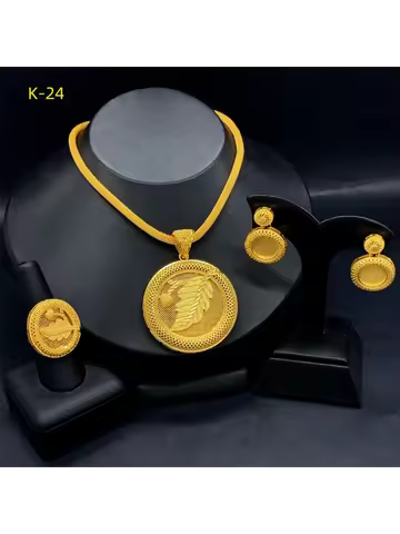 Simple Geometric Shape Necklace Earrings Ring Set Women's 24K Gold AU999 - Rich gold, clean lines, s
