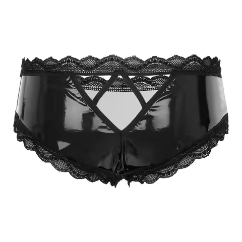 Mens Wet Look Patent Leather Briefs Lace Trim Open Crotch Panties Low Rise Hollow Out Underwear Exot