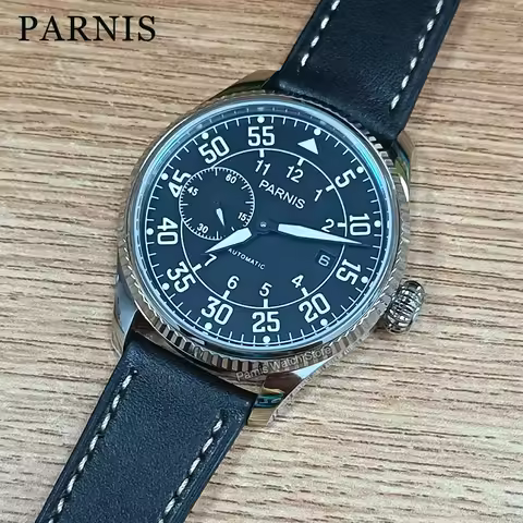 45mm Parnis Automatic Movement Black Dial Men Mechanical Casual Watch Leather Strap