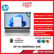 HP-14-EM0092AU-SVR-AMDRYZEN3-7320U,8GBR5,512GBSSD,AMDRADEON,14"FHD,W1164,2YRS,H&S